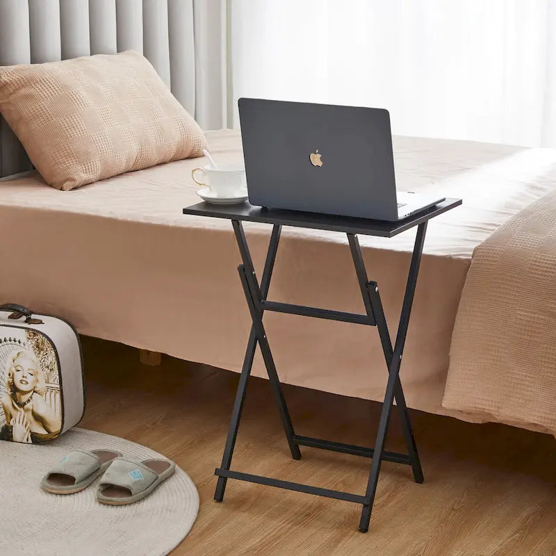 Mesa auxiliar plegable de 2 piezas con superficie de madera y estructura de metal