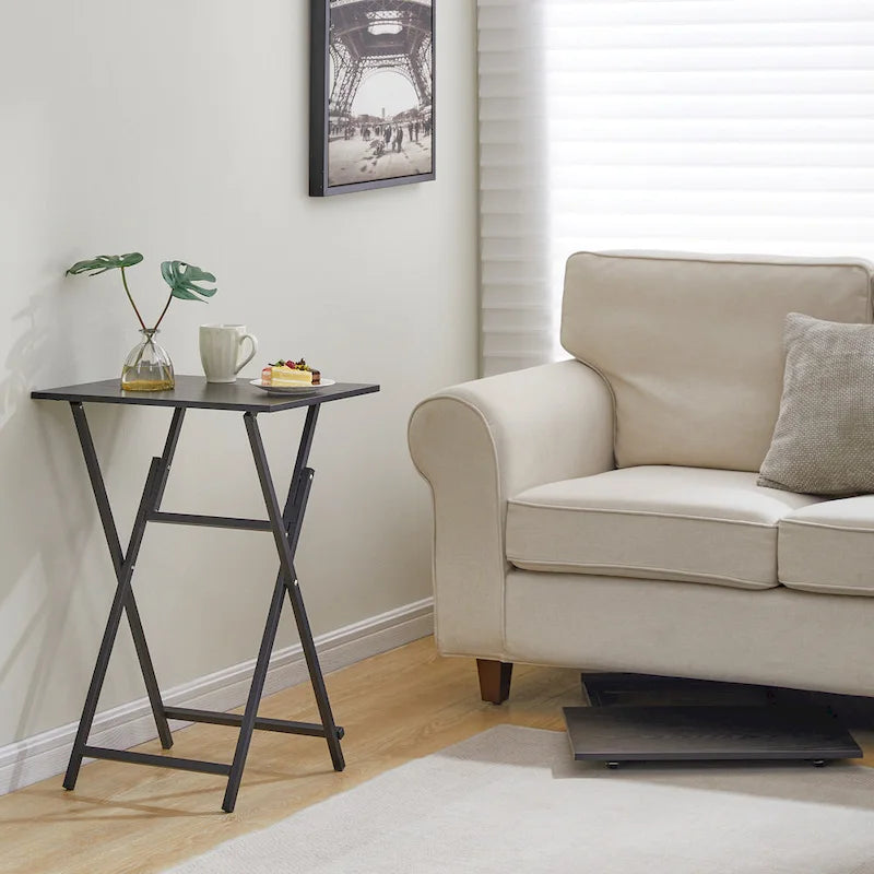 Mesa auxiliar plegable de 2 piezas con superficie de madera y estructura de metal
