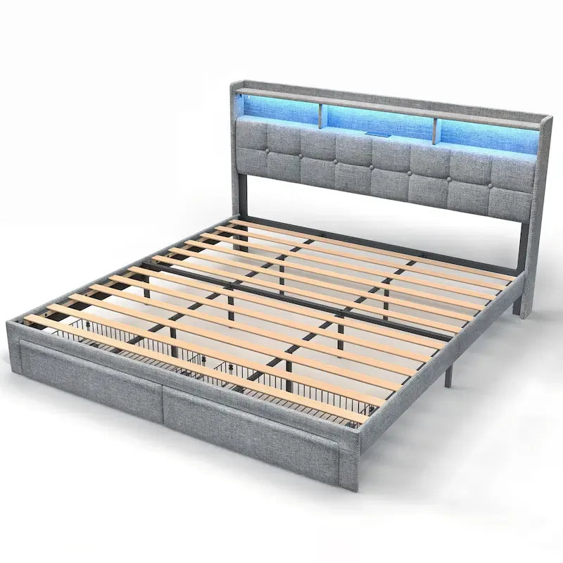 Marco de cama tipo plataforma King Size con iluminación LED y cabecero con carga USB