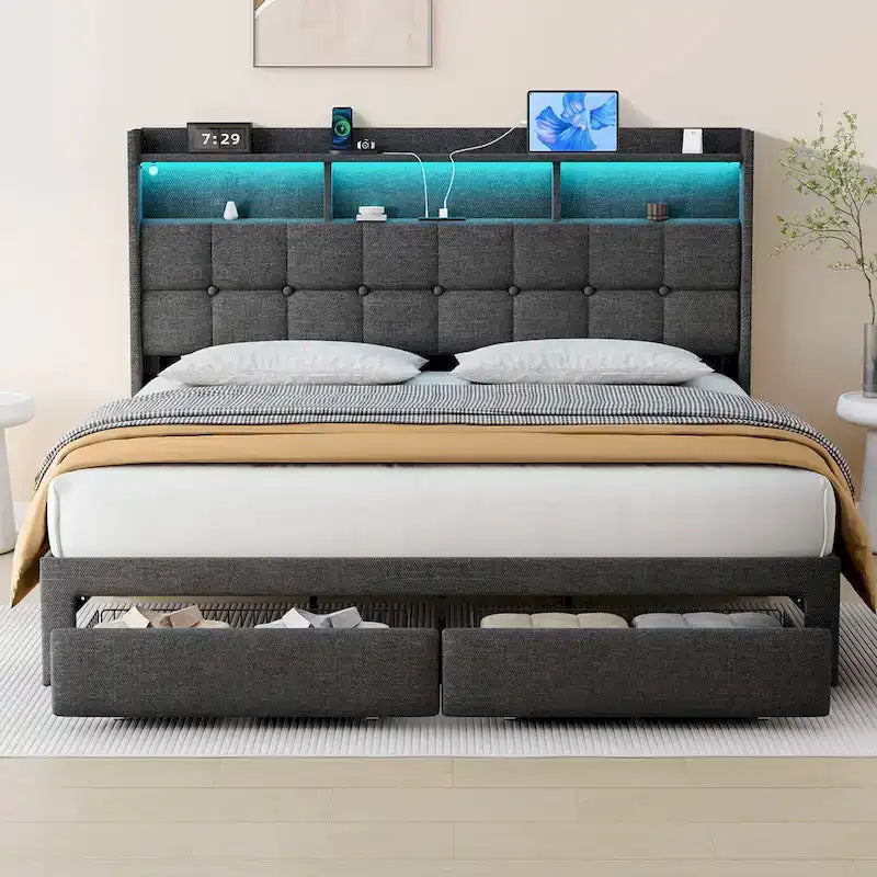 Marco de cama tipo plataforma King Size con iluminación LED y cabecero con carga USB