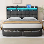 Marco de cama tipo plataforma King Size con iluminación LED y cabecero con carga USB