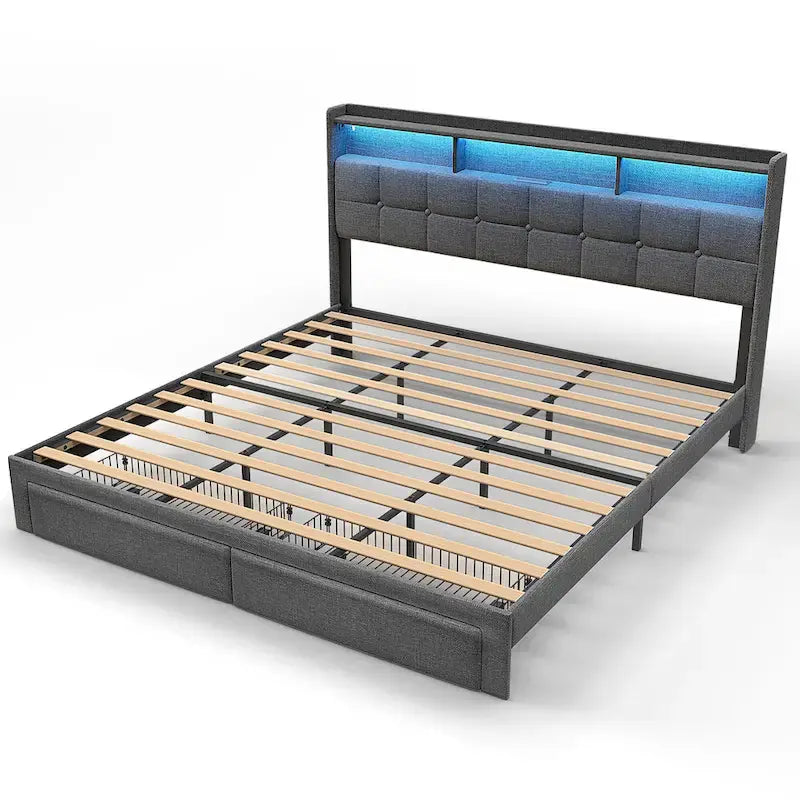 Marco de cama tipo plataforma King Size con iluminación LED y cabecero con carga USB
