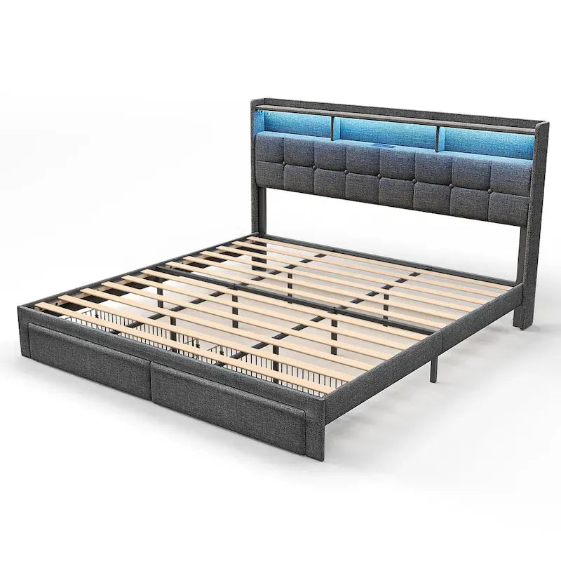 Marco de cama tipo plataforma King Size con iluminación LED y cabecero con carga USB