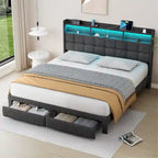 Marco de cama tipo plataforma King Size con iluminación LED y cabecero con carga USB