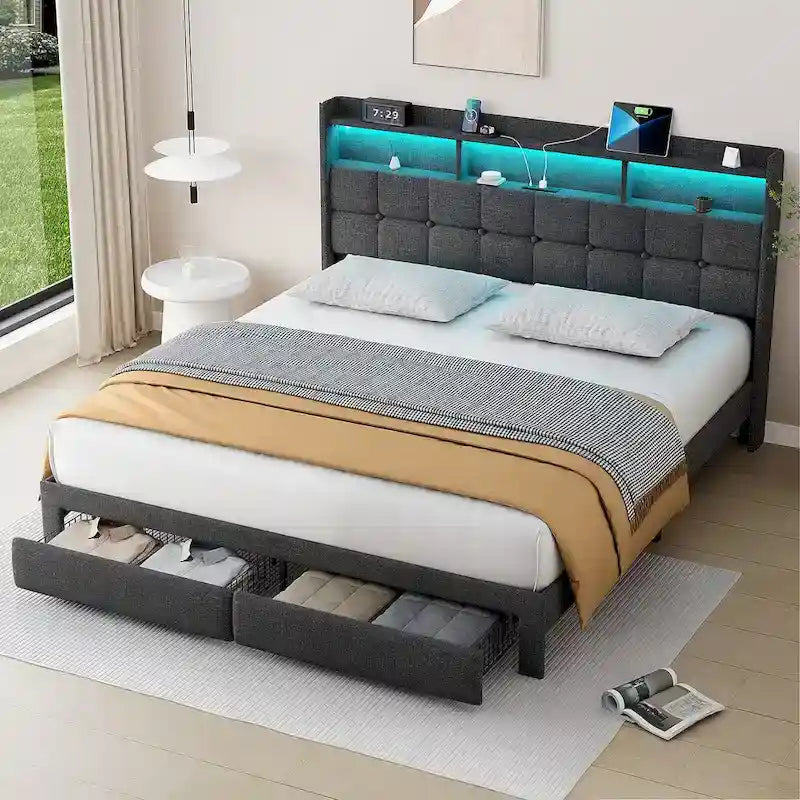 Marco de cama tipo plataforma King Size con iluminación LED y cabecero con carga USB