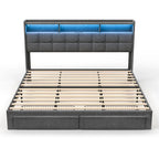 Marco de cama tipo plataforma King Size con iluminación LED y cabecero con carga USB
