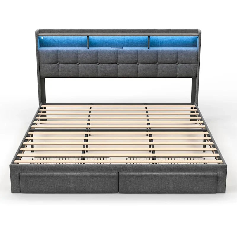 Marco de cama tipo plataforma King Size con iluminación LED y cabecero con carga USB