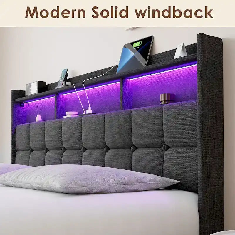 Marco de cama tipo plataforma King Size con iluminación LED y cabecero con carga USB