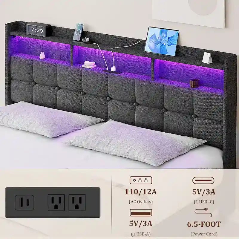 Marco de cama tipo plataforma King Size con iluminación LED y cabecero con carga USB