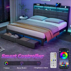 Marco de cama tipo plataforma King Size con iluminación LED y cabecero con carga USB