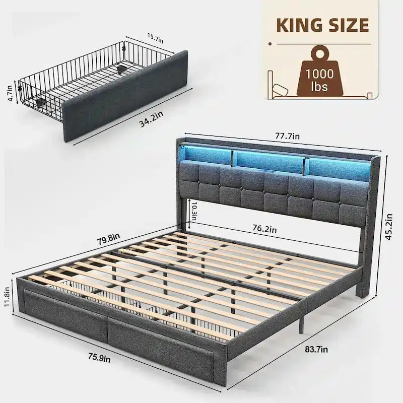 Marco de cama tipo plataforma King Size con iluminación LED y cabecero con carga USB