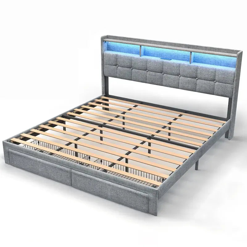 Marco de cama tipo plataforma King Size con iluminación LED y cabecero con carga USB