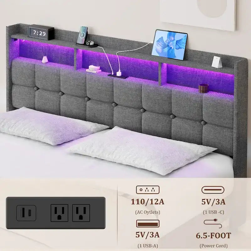 Marco de cama tipo plataforma King Size con iluminación LED y cabecero con carga USB