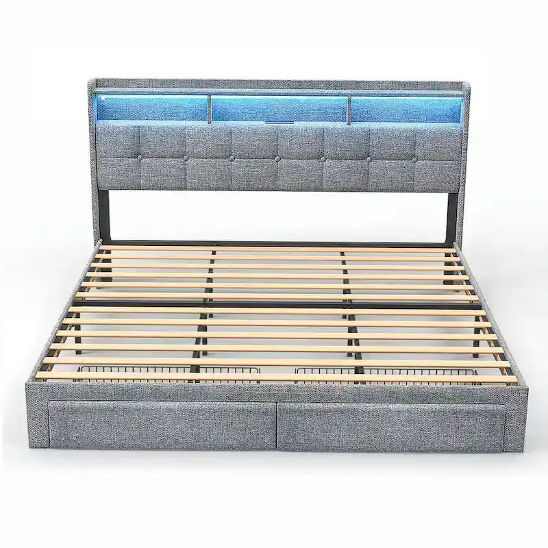Marco de cama tipo plataforma King Size con iluminación LED y cabecero con carga USB