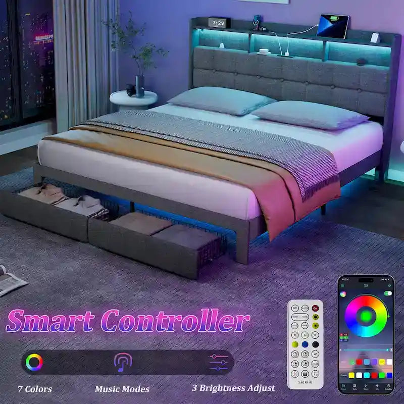 Marco de cama tipo plataforma King Size con iluminación LED y cabecero con carga USB