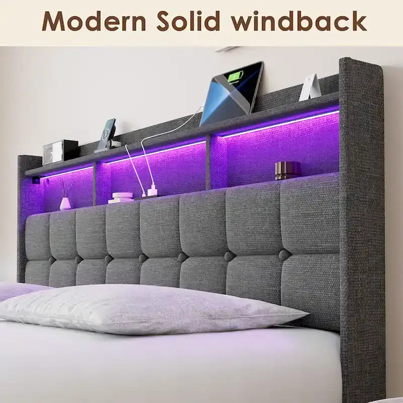 Marco de cama tipo plataforma King Size con iluminación LED y cabecero con carga USB