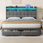 Marco de cama tipo plataforma King Size con iluminación LED y cabecero con carga USB