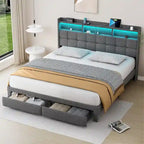 Marco de cama tipo plataforma King Size con iluminación LED y cabecero con carga USB