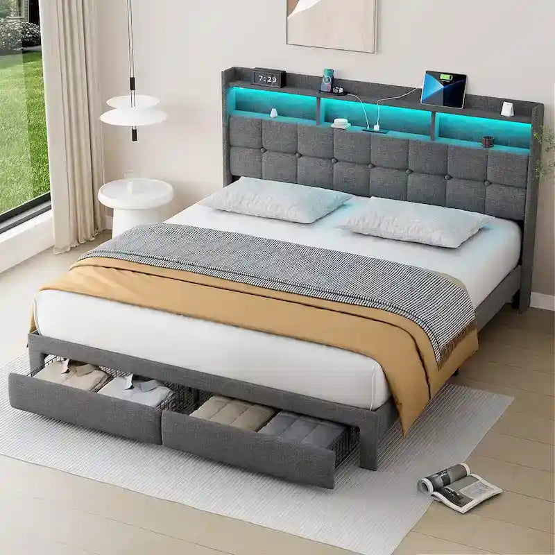 Marco de cama tipo plataforma King Size con iluminación LED y cabecero con carga USB