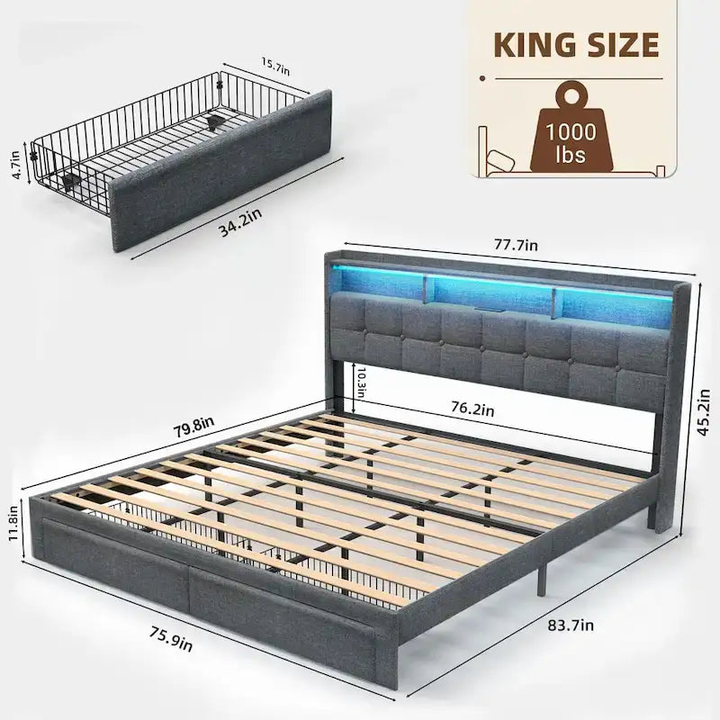 Marco de cama tipo plataforma King Size con iluminación LED y cabecero con carga USB