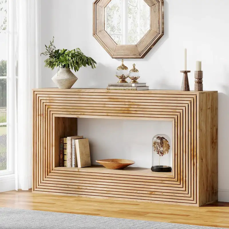 Mesa consola de 59 pulgadas con diseño estriado y estante de almacenamiento