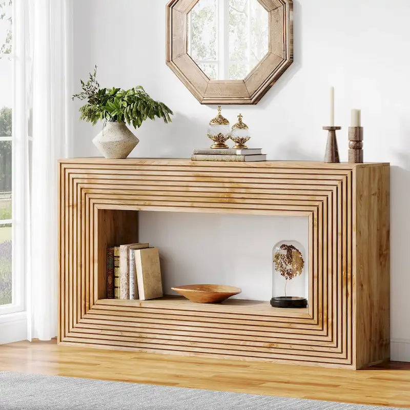 Mesa consola de 59 pulgadas con diseño estriado y estante de almacenamiento