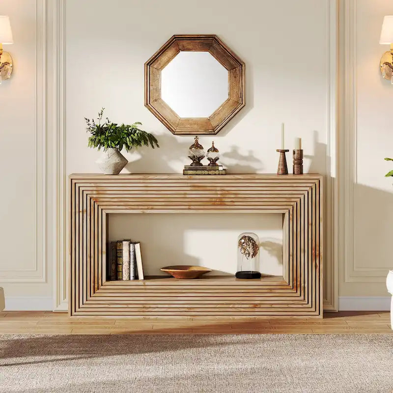 Mesa consola de 59 pulgadas con diseño estriado y estante de almacenamiento
