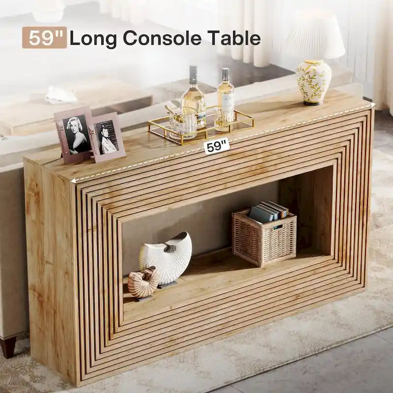 Mesa consola de 59 pulgadas con diseño estriado y estante de almacenamiento