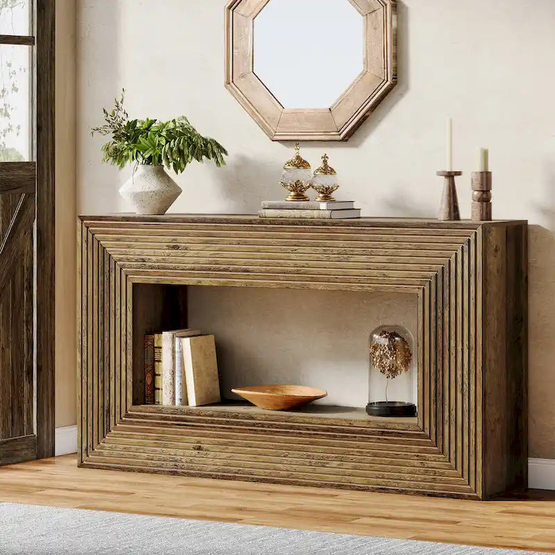 Mesa consola de 59 pulgadas con diseño estriado y estante de almacenamiento