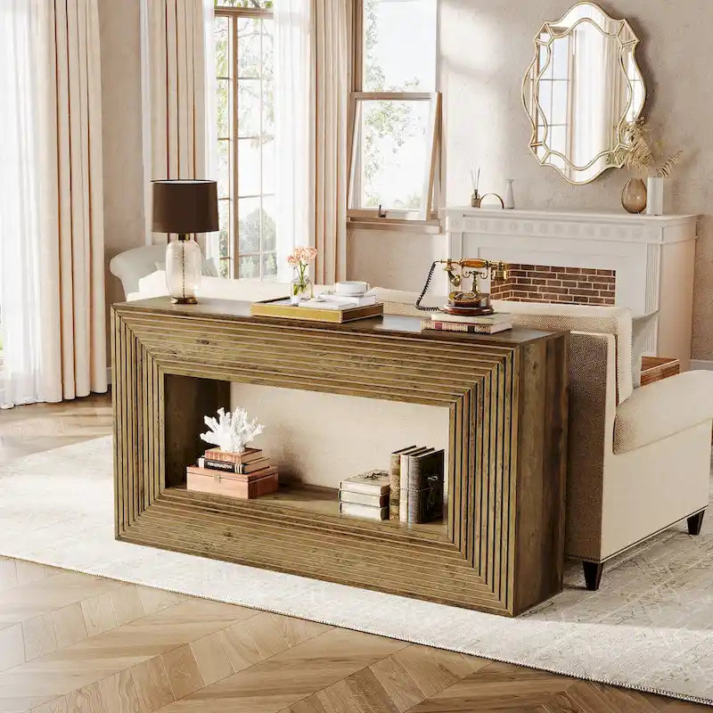 Mesa consola de 59 pulgadas con diseño estriado y estante de almacenamiento
