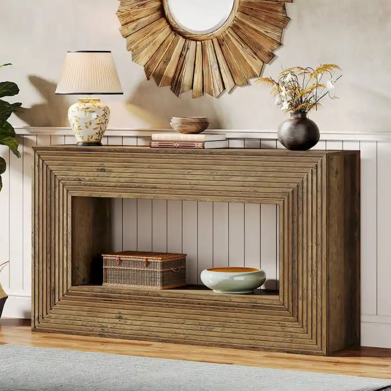 Mesa consola de 59 pulgadas con diseño estriado y estante de almacenamiento