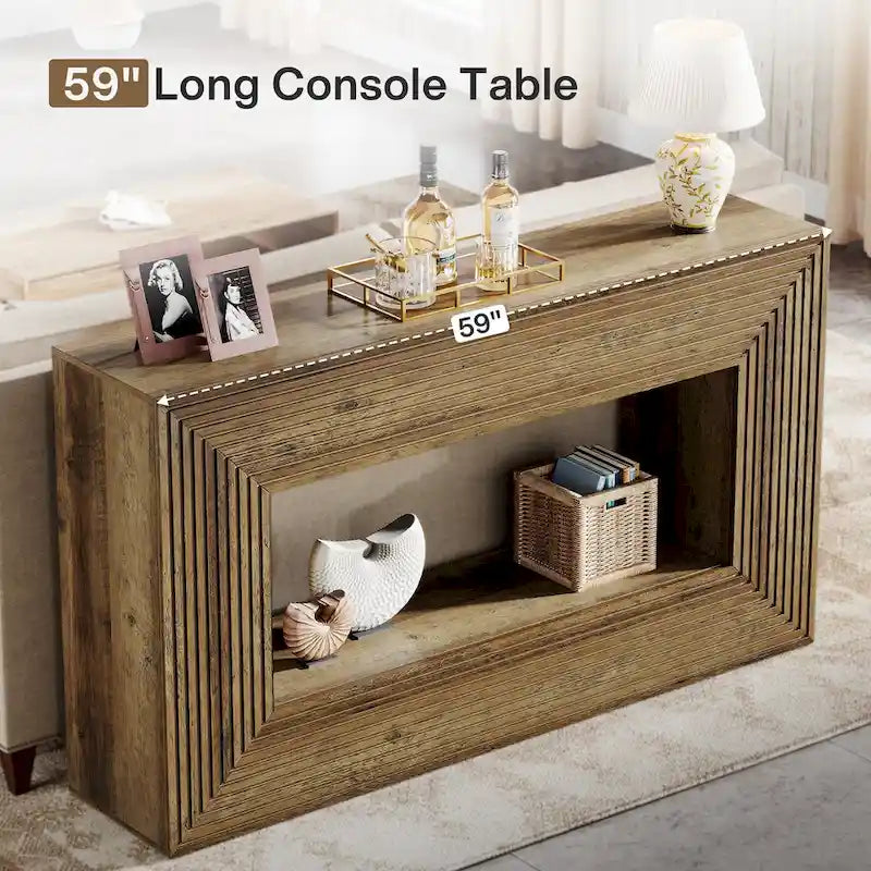 Mesa consola de 59 pulgadas con diseño estriado y estante de almacenamiento