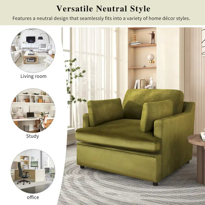 Sillón decorativo moderno verde de 37 con patas de plástico y cojines para sala de estar
