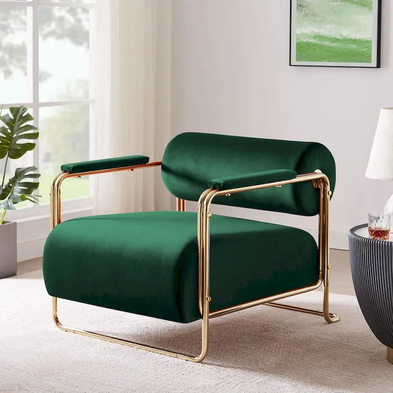 Sillón ancho de terciopelo con respaldo cilíndrico y estructura metálica