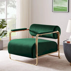 Sillón ancho de terciopelo con respaldo cilíndrico y estructura metálica