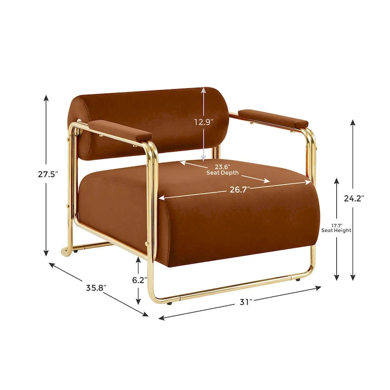 Sillón ancho de terciopelo con respaldo cilíndrico y estructura metálica