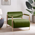 Sillón ancho de terciopelo con respaldo cilíndrico y estructura metálica