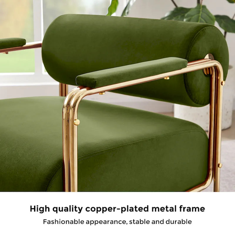 Sillón ancho de terciopelo con respaldo cilíndrico y estructura metálica