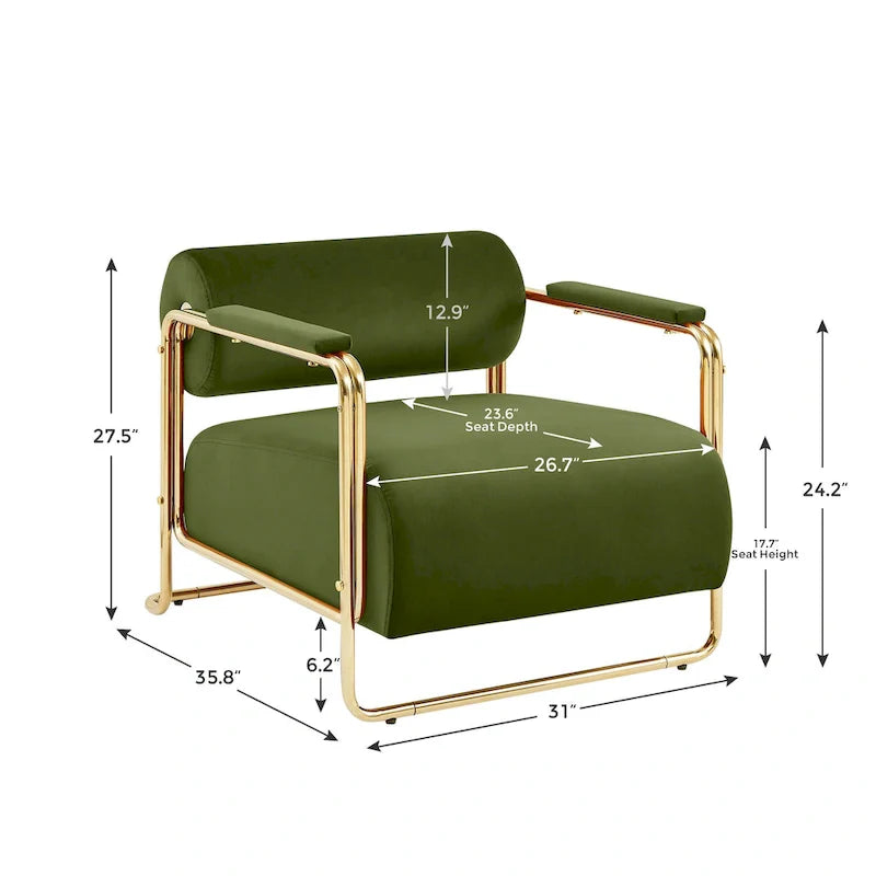Sillón ancho de terciopelo con respaldo cilíndrico y estructura metálica