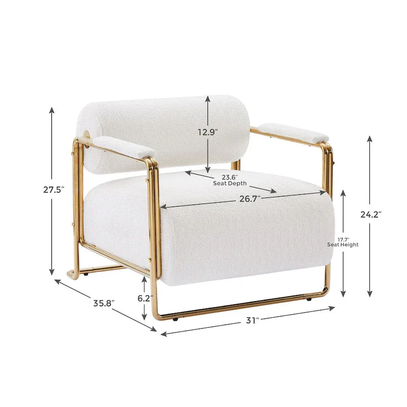 Sillón ancho de terciopelo con respaldo cilíndrico y estructura metálica