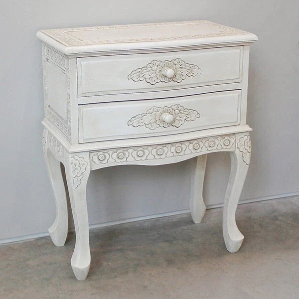 Mesa auxiliar de 2 cajones color blanco antiguo