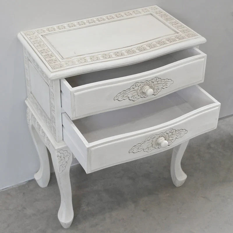 Mesa auxiliar de 2 cajones color blanco antiguo