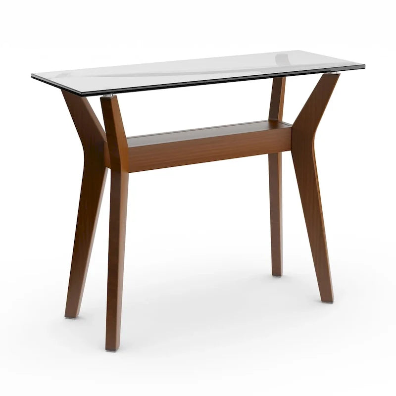 Mesa de sofá de nogal con tapa de cristal templado y estante inferior