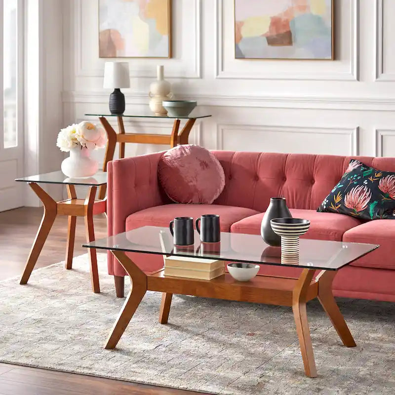 Mesa de sofá de nogal con tapa de cristal templado y estante inferior