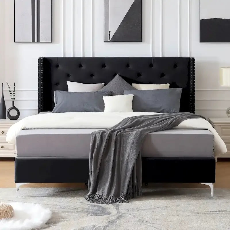 Base de cama tapizada en terciopelo tamaño queen con patas de metal de 6 pulgadas