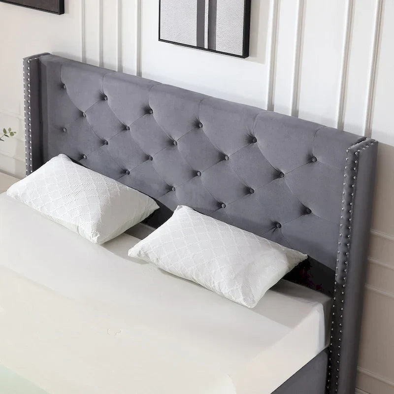 Base de cama tapizada en terciopelo tamaño queen con patas de metal de 6 pulgadas