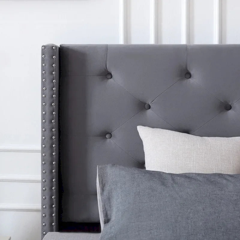 Base de cama tapizada en terciopelo tamaño queen con patas de metal de 6 pulgadas