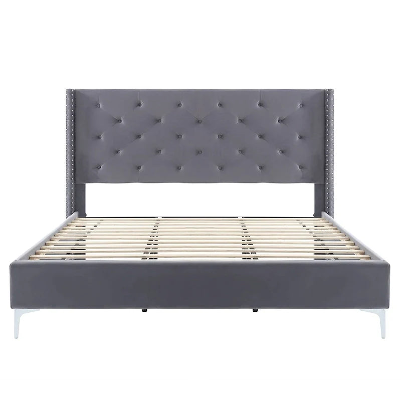 Base de cama tapizada en terciopelo tamaño queen con patas de metal de 6 pulgadas