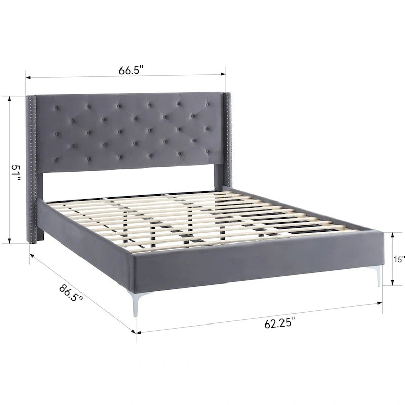 Base de cama tapizada en terciopelo tamaño queen con patas de metal de 6 pulgadas