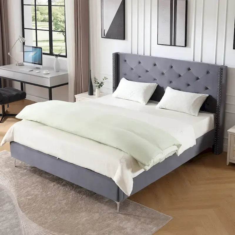 Base de cama tapizada en terciopelo tamaño queen con patas de metal de 6 pulgadas